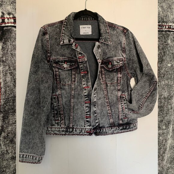 C’Est Toi Jackets & Blazers - C'est Toi y2k vibes distressed grey denim jacket with pink stitching size L